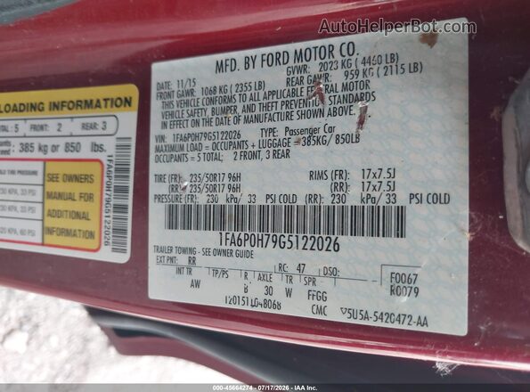 1FA6P0H79G5122026 2016 FORD FUSION Red ძრავის განყოფილების ხედი