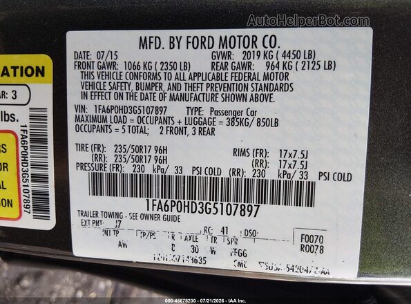 1FA6P0HD3G5107897 2016 FORD FUSION Gray Widok komory silnika