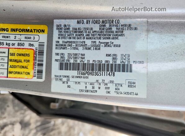 1FA6P0HD3G5111478 2016 FORD FUSION Silver Widok komory silnika