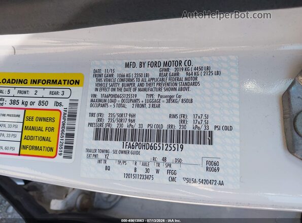 1FA6P0HD6G5125519 2016 FORD FUSION White Widok komory silnika
