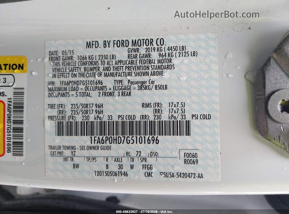 1FA6P0HD7G5101696 2016 FORD FUSION Белый Вид подкапотного пространства