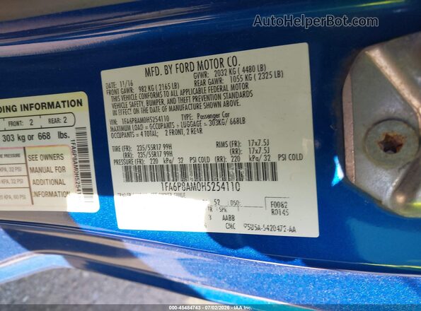 1FA6P8AM0H5254110 2017 FORD MUSTANG Синий Вид подкапотного пространства