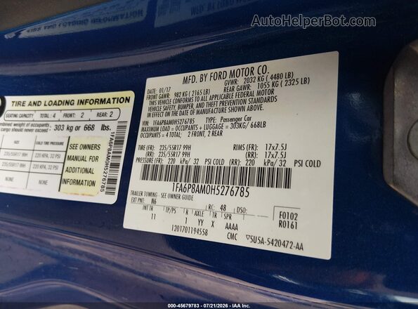 1FA6P8AM0H5276785 2017 FORD MUSTANG Blue Engine compartment view