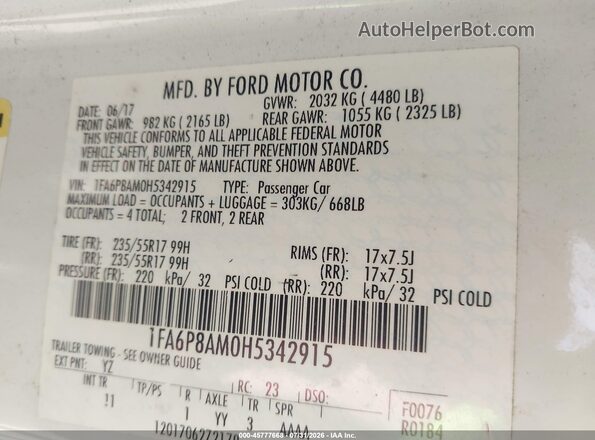 1FA6P8AM0H5342915 2017 FORD MUSTANG White ძრავის განყოფილების ხედი