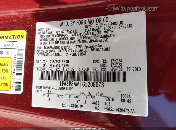 1FA6P8AM1G5208073 2016 FORD MUSTANG Burgundy Vista del compartimento del motor