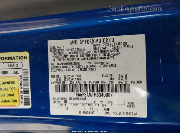 1FA6P8AM1H5340087 2017 FORD MUSTANG Blue Engine compartment view
