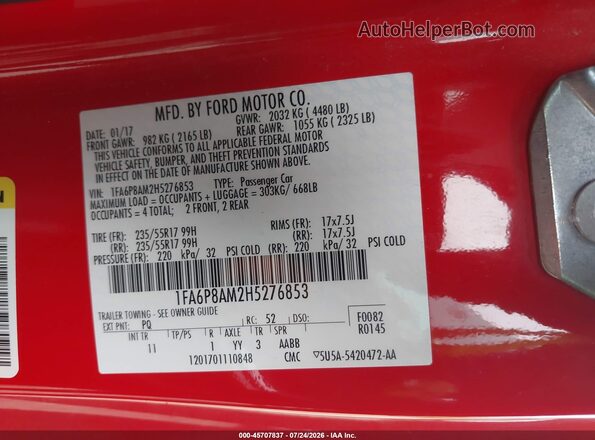 1FA6P8AM2H5276853 2017 FORD MUSTANG Red Widok komory silnika