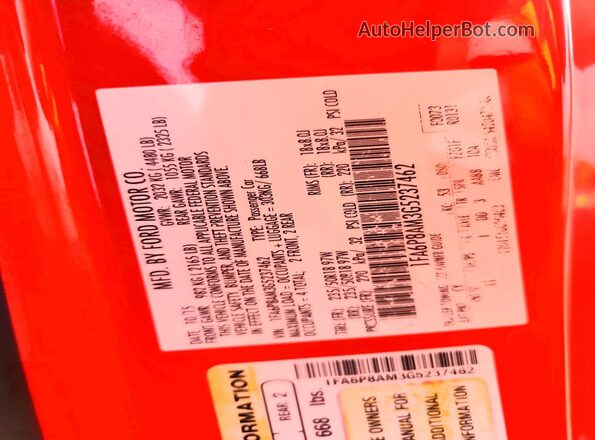 1FA6P8AM3G5237462 2016 FORD MUSTANG Orange Vista de la etiqueta del VIN