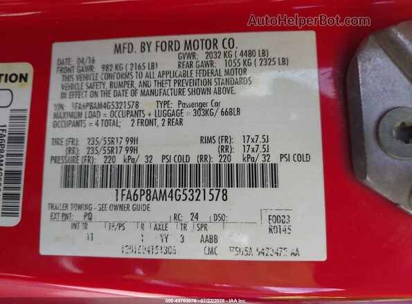 1FA6P8AM4G5321578 2016 FORD MUSTANG Красный Вид подкапотного пространства