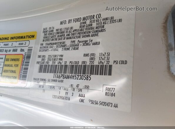1FA6P8AM4H5230585 2017 FORD MUSTANG White Вид підкапотного простору