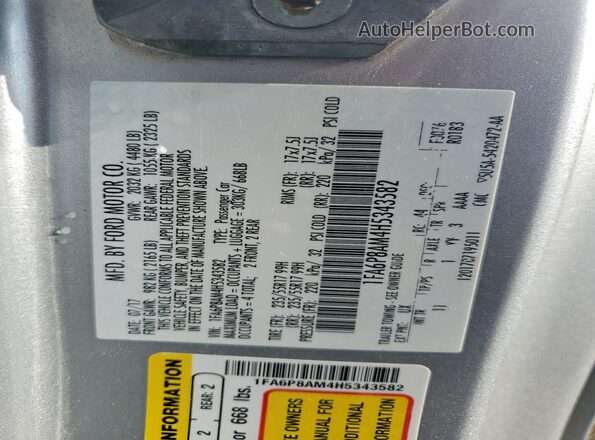 1FA6P8AM4H5343582 2017 FORD MUSTANG Серебряный Вид подкапотного пространства