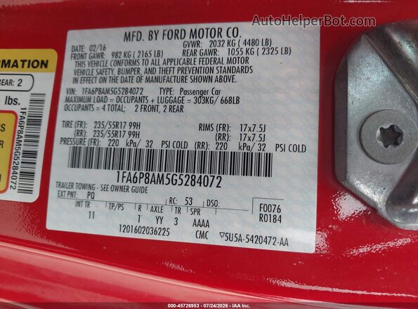 1FA6P8AM5G5284072 2016 FORD MUSTANG Red Engine compartment view