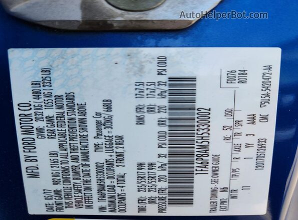 1FA6P8AM5H5330002 2017 FORD MUSTANG Blue VIN კოდის სტიკერის ხედი