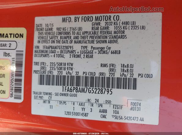 1FA6P8AM7G5228795 2016 FORD MUSTANG Orange Engine compartment view