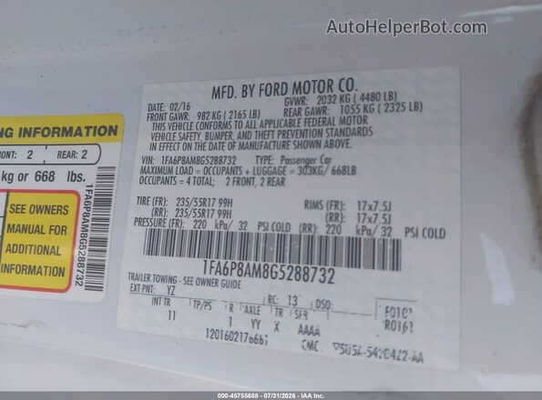 1FA6P8AM8G5288732 2016 FORD MUSTANG Белый Вид подкапотного пространства