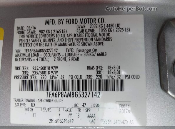 1FA6P8AM8G5327142 2016 FORD MUSTANG Silver Widok komory silnika
