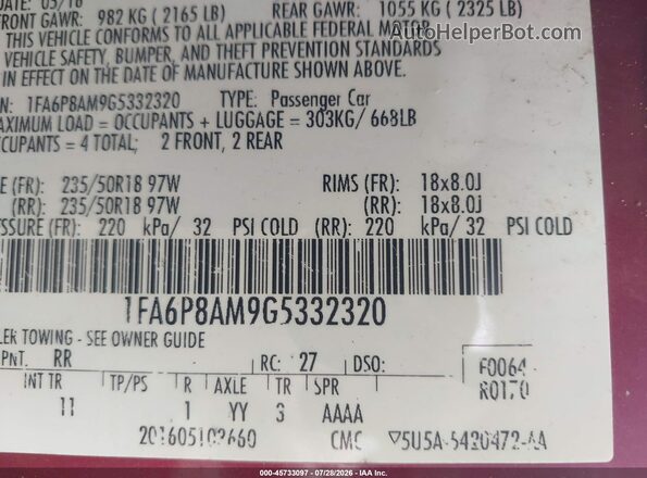1FA6P8AM9G5332320 2016 FORD MUSTANG Red Engine compartment view