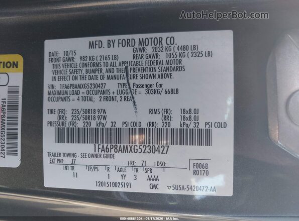 1FA6P8AMXG5230427 2016 FORD MUSTANG Gray Vista del compartimento del motor