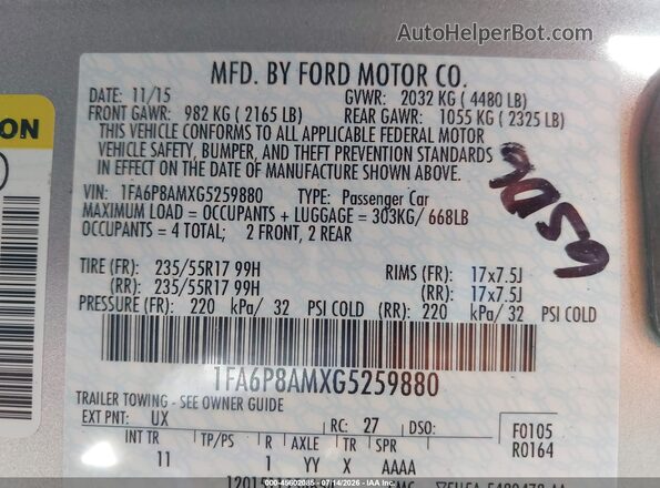 1FA6P8AMXG5259880 2016 FORD MUSTANG Silver Vista del compartimento del motor