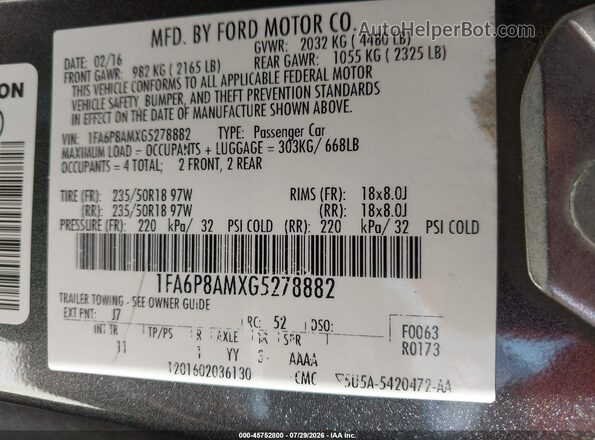 1FA6P8AMXG5278882 2016 FORD MUSTANG Серый Вид подкапотного пространства