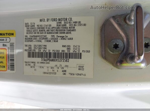 1FA6P8AMXH5272582 2017 FORD MUSTANG White Вид наклейки з VIN-кодом