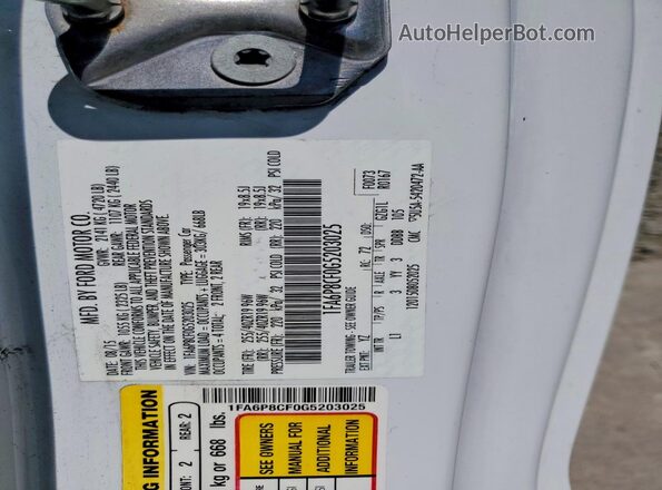 1FA6P8CF0G5203025 2016 FORD MUSTANG White VIN sticker view