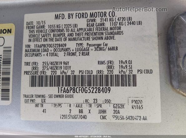 1FA6P8CF0G5228409 2016 FORD MUSTANG Silver Engine compartment view