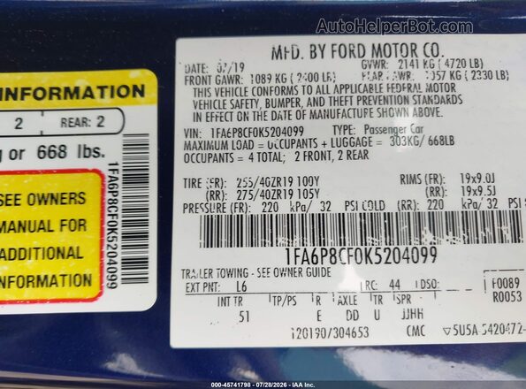 1FA6P8CF0K5204099 2019 FORD MUSTANG Blue Вид підкапотного простору