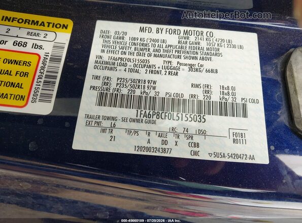 1FA6P8CF0L5155035 2020 FORD MUSTANG Blue Вид підкапотного простору