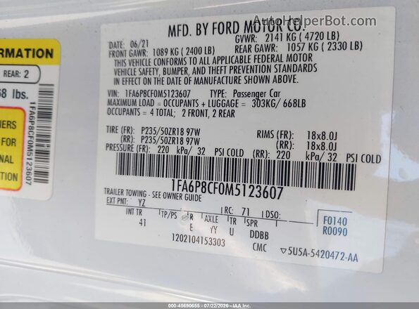 1FA6P8CF0M5123607 2021 FORD MUSTANG White Widok komory silnika