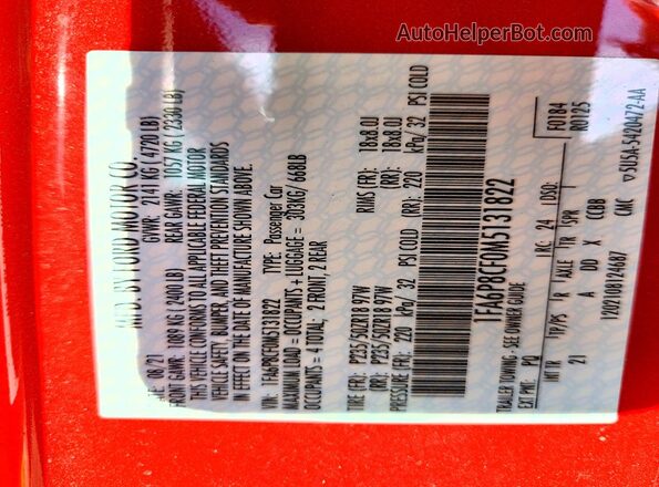 1FA6P8CF0M5131822 2021 FORD MUSTANG Red VIN sticker view