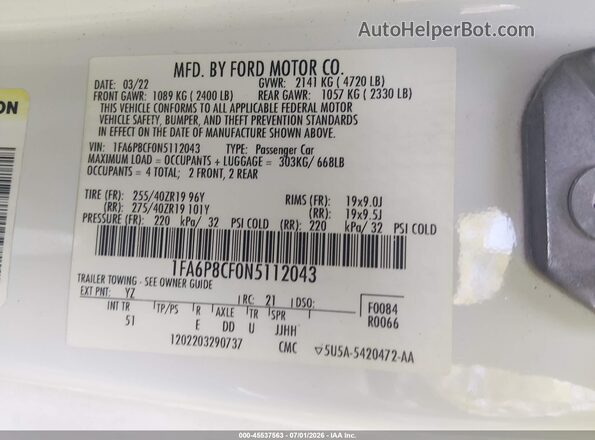 1FA6P8CF0N5112043 2022 FORD MUSTANG White Vista del compartimento del motor