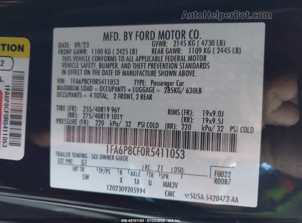 1FA6P8CF0R5411053 2024 FORD MUSTANG Черный Вид подкапотного пространства