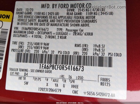 1FA6P8CF0R5416673 2024 FORD MUSTANG Red Vista del compartimento del motor
