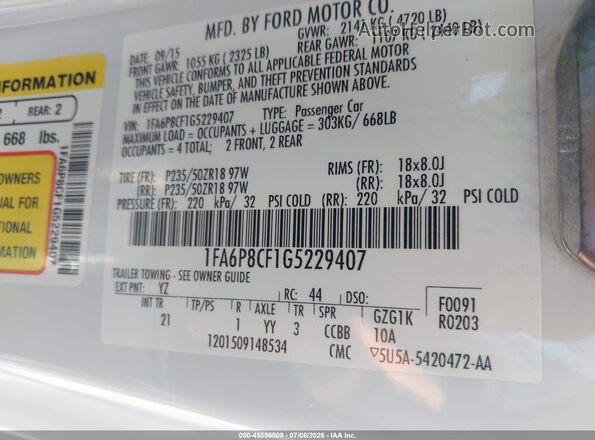 1FA6P8CF1G5229407 2016 FORD MUSTANG Белый Вид подкапотного пространства