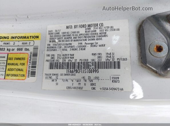 1FA6P8CF1J5106990 2018 FORD MUSTANG White Widok komory silnika
