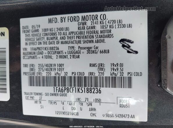 1FA6P8CF1K5188236 2019 FORD MUSTANG Gray Vista del compartimento del motor