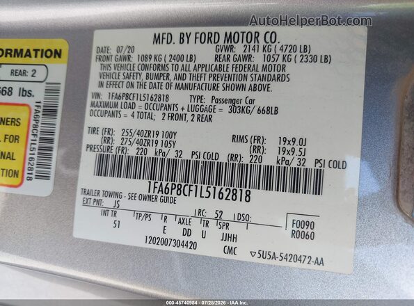 1FA6P8CF1L5162818 2020 FORD MUSTANG Серебряный Вид подкапотного пространства