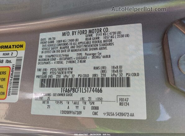 1FA6P8CF1L5174466 2020 FORD MUSTANG Серебряный Вид подкапотного пространства