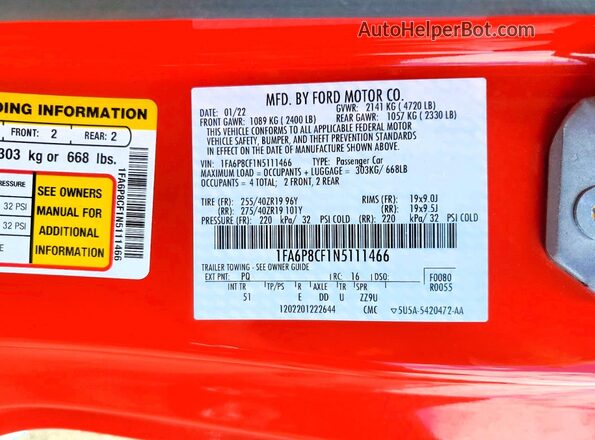 1FA6P8CF1N5111466 2022 FORD MUSTANG Red Вид підкапотного простору