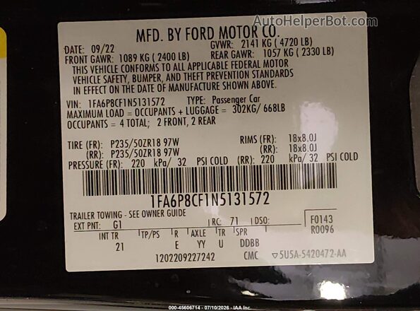 1FA6P8CF1N5131572 2022 FORD MUSTANG Черный Вид подкапотного пространства