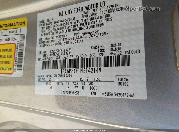 1FA6P8CF1N5142149 2022 FORD MUSTANG Silver Engine compartment view