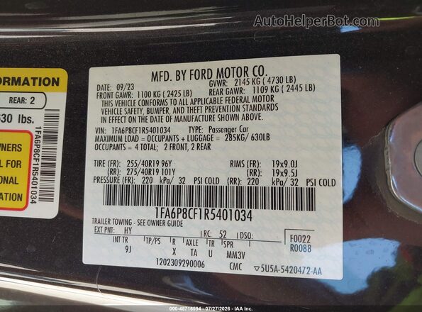1FA6P8CF1R5401034 2024 FORD MUSTANG Черный Вид подкапотного пространства
