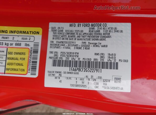 1FA6P8CF2G5227911 2016 FORD MUSTANG Красный Вид подкапотного пространства