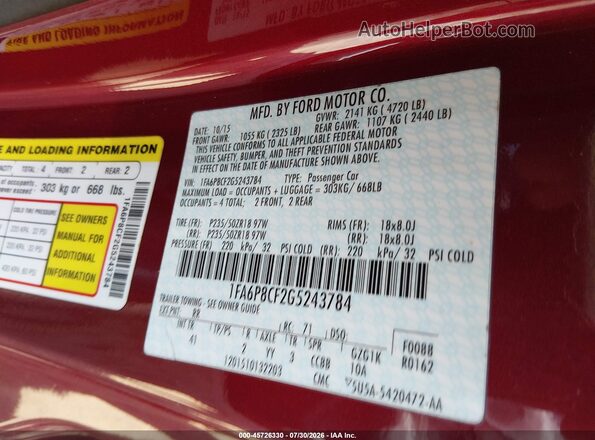 1FA6P8CF2G5243784 2016 FORD MUSTANG Red Engine compartment view