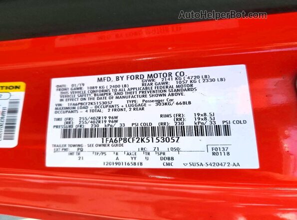 1FA6P8CF2K5153057 2019 FORD MUSTANG Red Вид підкапотного простору