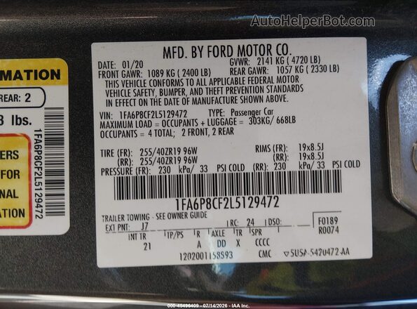 1FA6P8CF2L5129472 2020 FORD MUSTANG Серый Вид подкапотного пространства