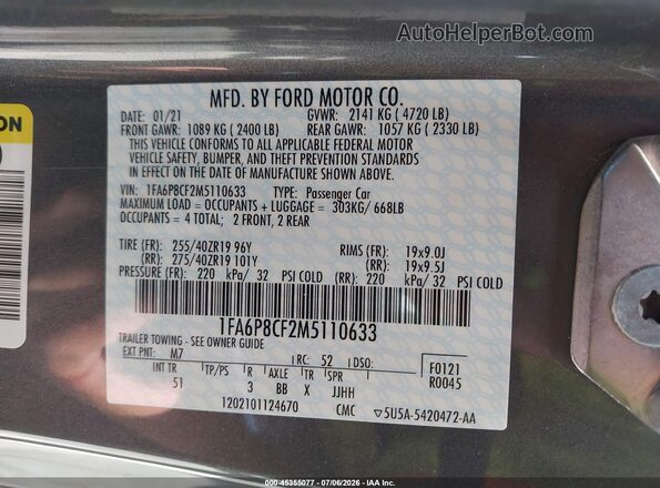 1FA6P8CF2M5110633 2021 FORD MUSTANG Gray Vista del compartimento del motor