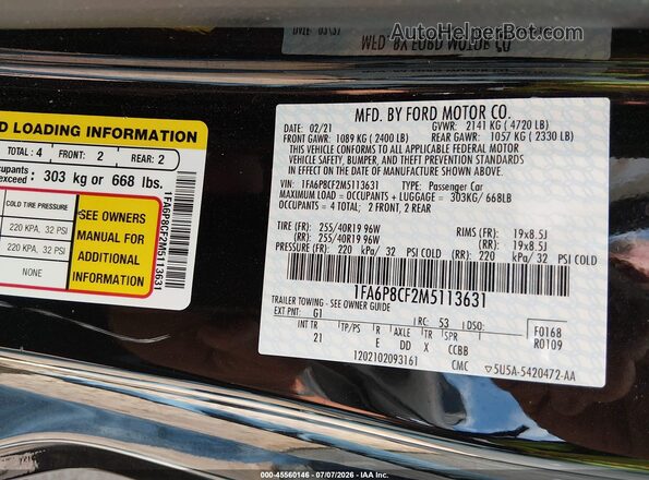 1FA6P8CF2M5113631 2021 FORD MUSTANG Black ძრავის განყოფილების ხედი