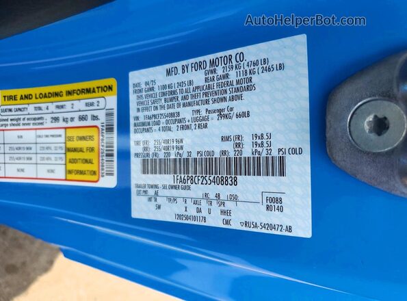1FA6P8CF2S5408838 2025 FORD MUSTANG Blue Vista del compartimento del motor